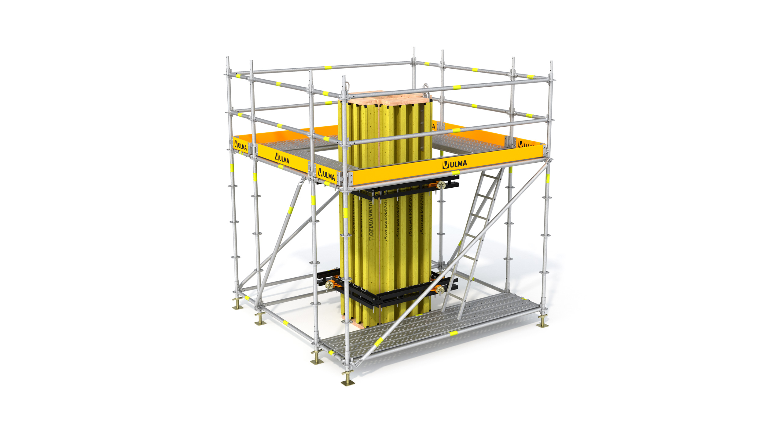 A scaffolding system that provides multiple access points for both work crews and material, designed for use in the construction of a wide range buildings, industrial facilities, and civil works. Multiple configurations are possible.